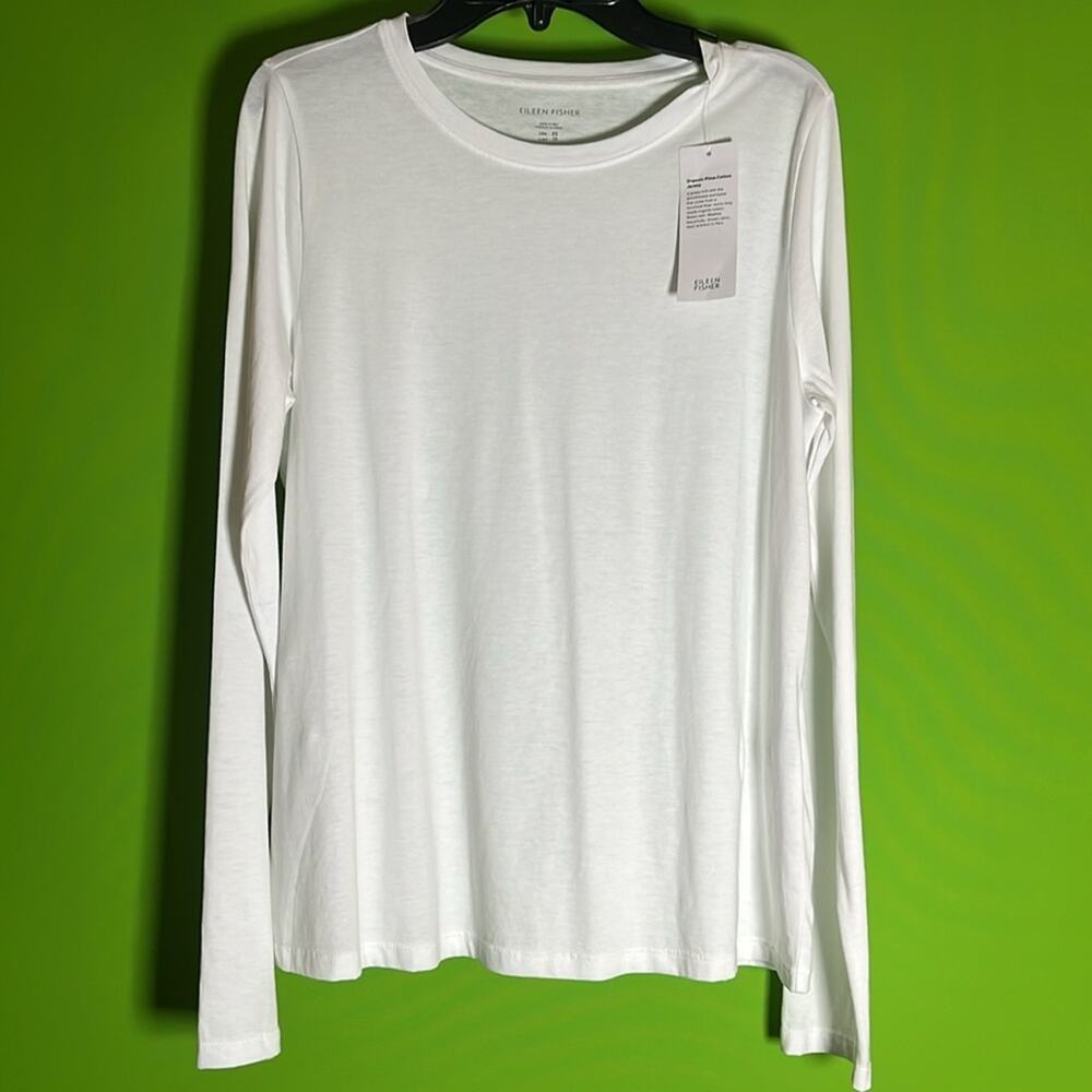 Eileen Fisher Organic Cotton Jersey Knit Round Neck Long Sleeve White Top XXS